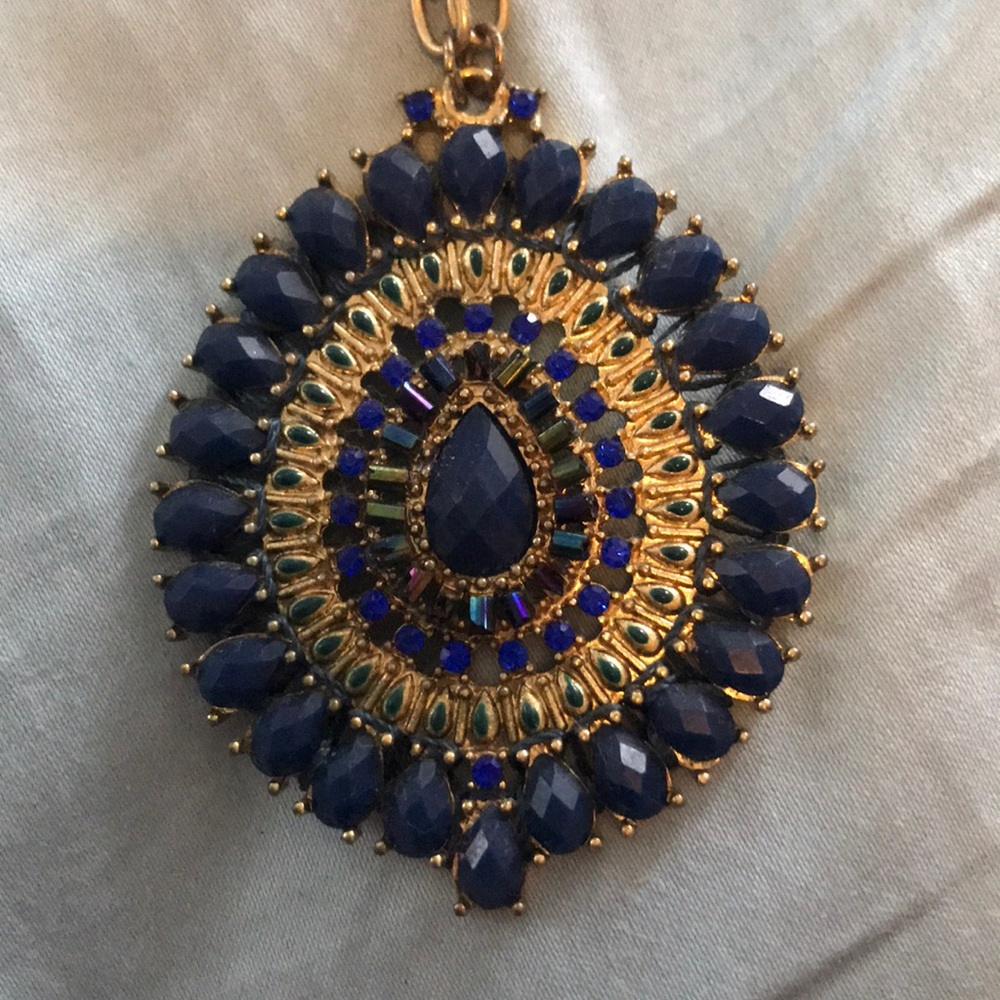 Anthropology blue and gold beaded pendant necklace